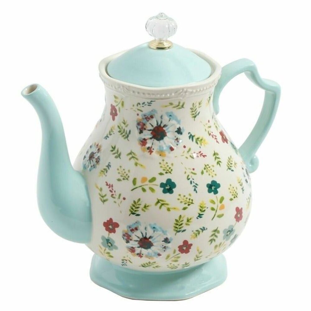 Pioneer Woman Kari Teapot Floral Cream blue Acrylic Knob Stoneware 2.4-qt Gift